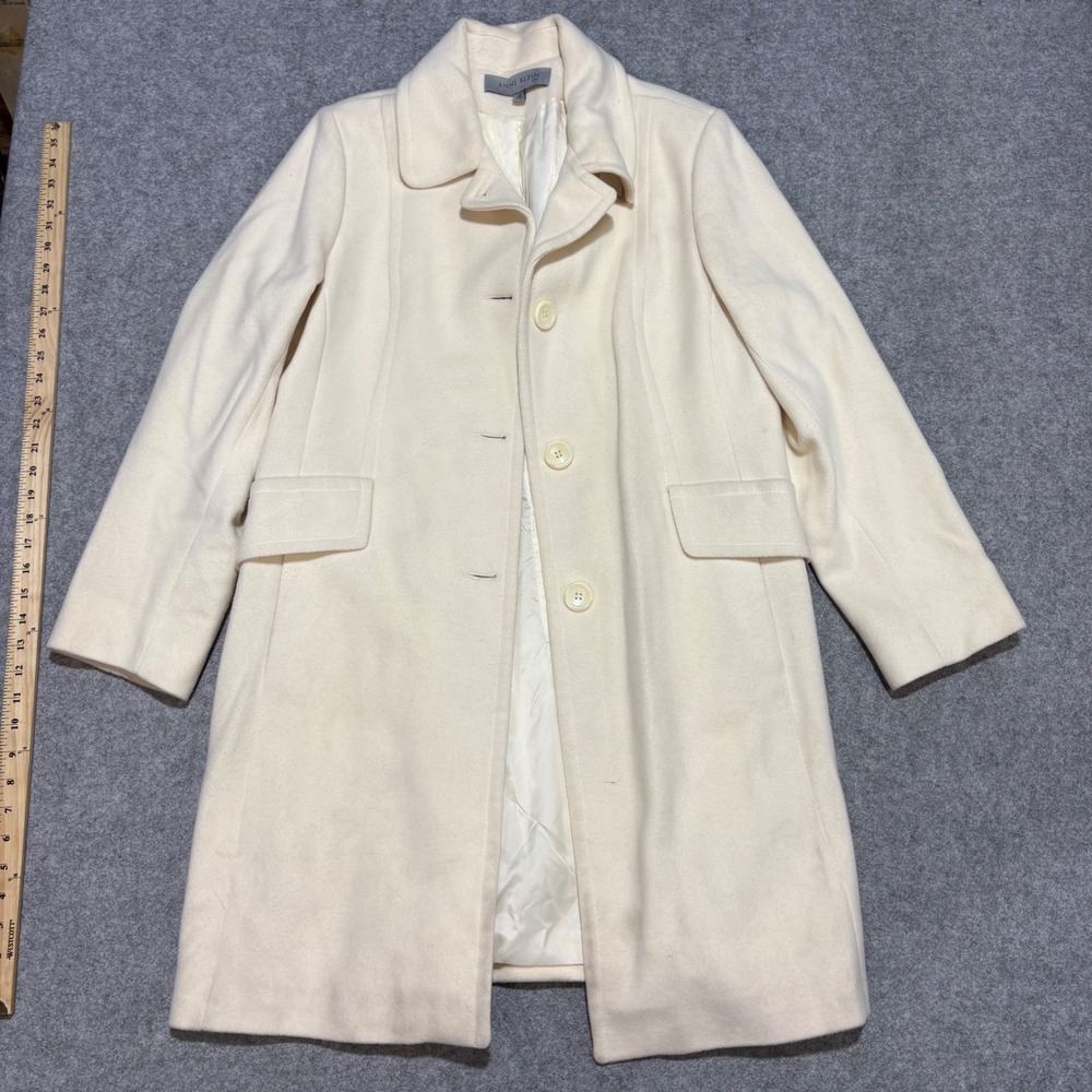 Anne Klein Cream Wool Blend Button Front Long Coat Women Size 16 Off White